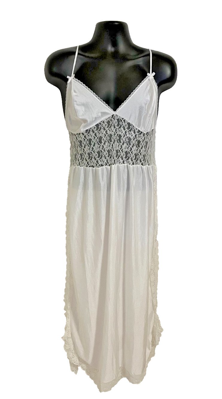 VTG Euro Floral Lace Panel Open Maxi Slip Dress White Coquette Fairycore Sheer M